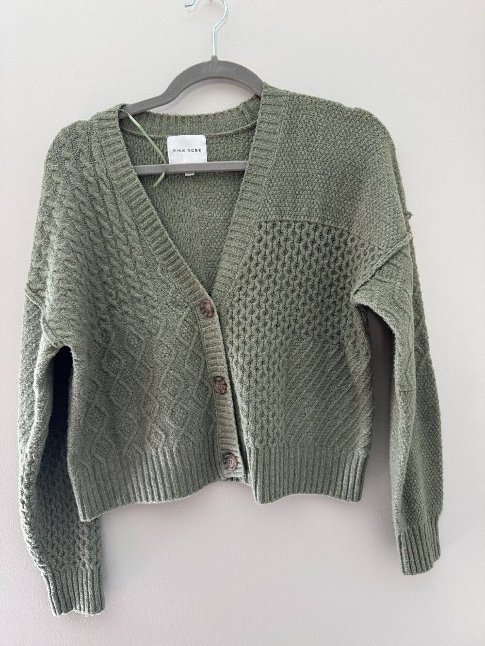 Pink Rose Sage Green Cable Knit Cardigan Size S